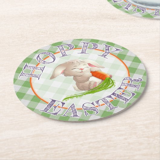 Hoppy Happy paaster Bunny Green Gingham Pattern Ronde Kartonnen Onderzetter (Gebogen)