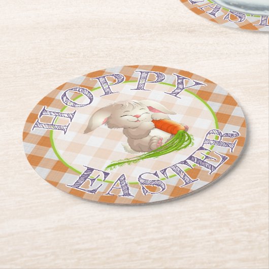 Hoppy Happy Paaster Bunny Oranje Gingham Pattern Ronde Kartonnen Onderzetter (Gebogen)