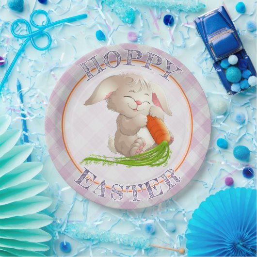 Hoppy Happy paaster Bunny Pink Gingham Pattern Papieren Bordje (Feest)