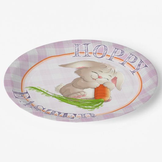 Hoppy Happy paaster Bunny Pink Gingham Pattern Papieren Bordje (Gekanteld)