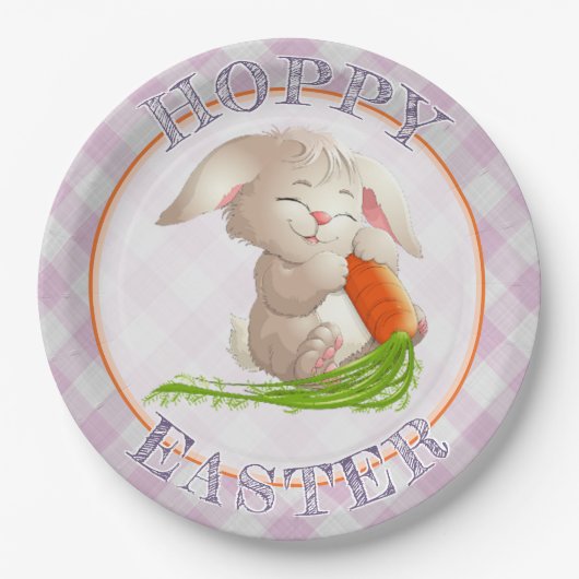 Hoppy Happy paaster Bunny Pink Gingham Pattern Papieren Bordje (Voorkant)