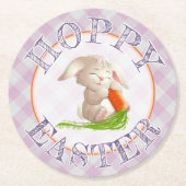 Hoppy Happy paaster Bunny Pink Gingham Pattern Ronde Kartonnen Onderzetter (Voorkant)