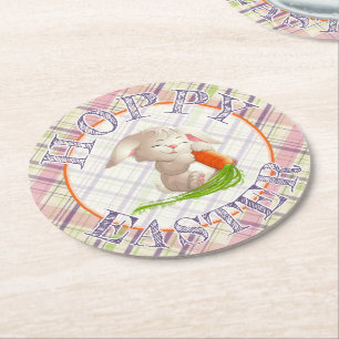 Hoppy Happy Paaster Bunny Stripes en Pset Pattern Ronde Kartonnen Onderzetter