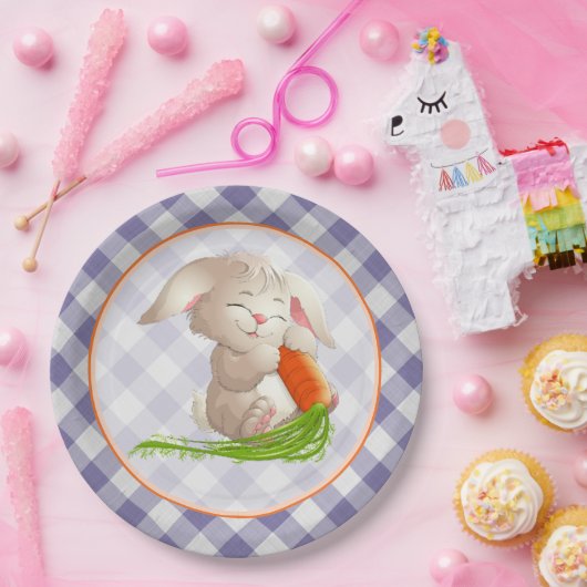 Hoppy Happy paaster Bunny Violet Gingham Pattern Papieren Bordje (Feest)