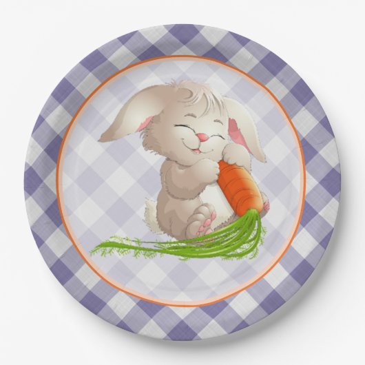 Hoppy Happy paaster Bunny Violet Gingham Pattern Papieren Bordje (Voorkant)