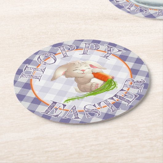 Hoppy Happy paaster Bunny Violet Gingham Pattern Ronde Kartonnen Onderzetter (Gebogen)