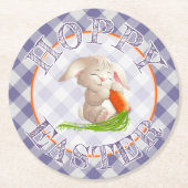 Hoppy Happy paaster Bunny Violet Gingham Pattern Ronde Kartonnen Onderzetter (Voorkant)