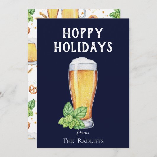 Hoppy Holidays Bierglas Plat Blauw Kerstkaart (Voorkant / Achterkant)