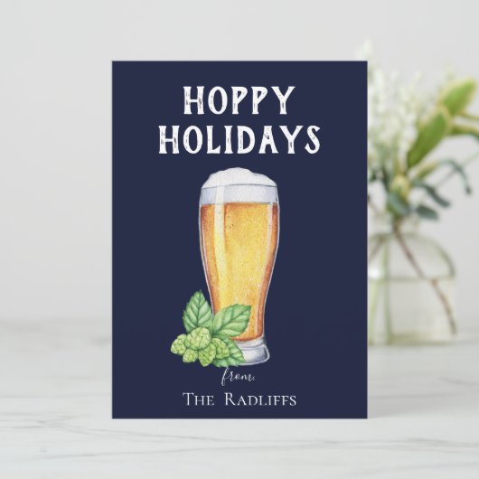 Hoppy Holidays Bierglas Plat Blauw Kerstkaart (Staand voorkant)