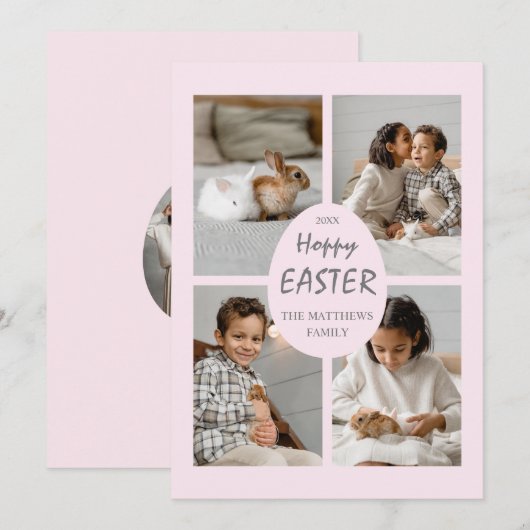 Hoppy Paasdag Fotokaart. Roze eieren en achterzijd Feestdagenkaart (Voorkant / Achterkant)