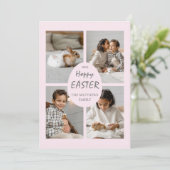 Hoppy Paasdag Fotokaart. Roze eieren en achterzijd Feestdagenkaart (Staand voorkant)