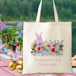Hoppy paasei jacht roze konijntje wilde bloemen na tote bag