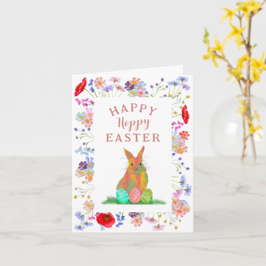 Hoppy paashaas en bloemeneieren kaart (Gele Bloem)