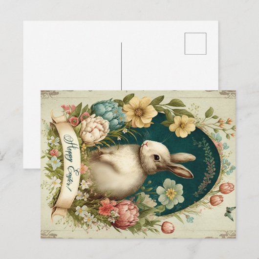 Hoppy Pasen met  Bunny en Floral Briefkaart (Voorkant / Achterkant)
