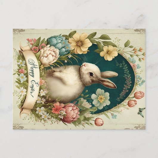Hoppy Pasen met Bunny en Floral Briefkaart (Voorkant)