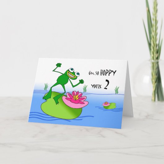 Hoppy Second Birthday, grappige kikker bij vijver Kaart (Voorkant)
