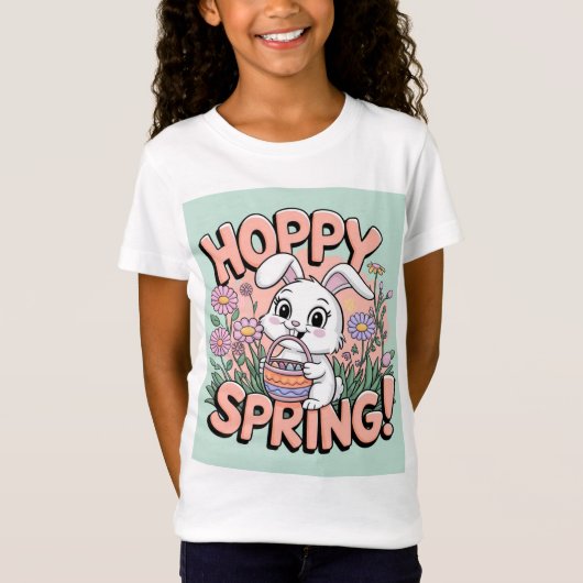 Hoppy Spring Bunny T-Shirt - Schattigee Pasen Bloe (Voorkant)