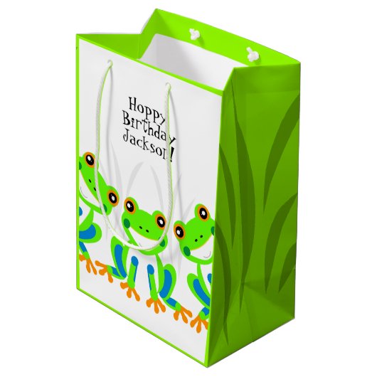 Hoppy Verjaardag! Leuke groene boomkikkers in het  Medium Cadeauzakje (Achterkant Gekanteld)