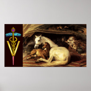 HOREN MET GOUDE CADUCEUS VETERINAIR SYMBOOL POSTER