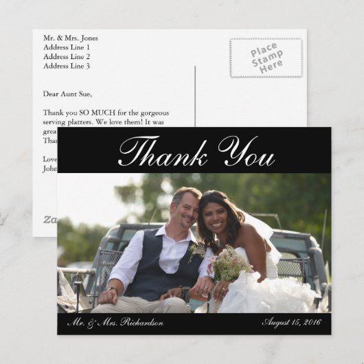 Horiz. B&W Aangepaste trouwfoto Dank u Briefkaart (Voorkant / Achterkant)