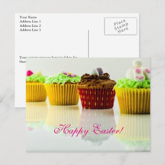 Horiz. "Happy Easter" Cupcakes Feestdagenkaart (Voorkant / Achterkant)