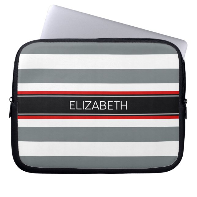 Horiz Stripe Black Red Naam Monogram Laptop Sleeve (Voorkant)