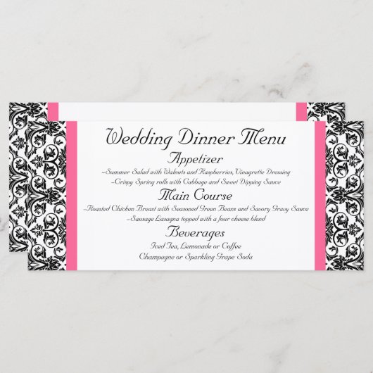 Horiz.Victoriaans Fuchsia Roze en Witte Damast Men Menu (Voorkant / Achterkant)