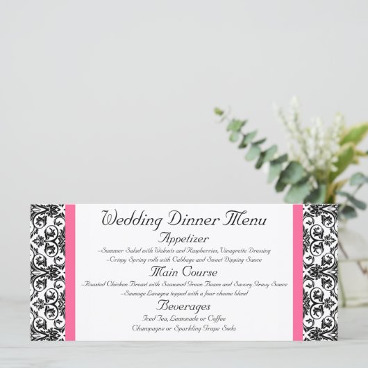 Horiz.Victoriaans Fuchsia Roze en Witte Damast Men Menu (Staand voorkant)