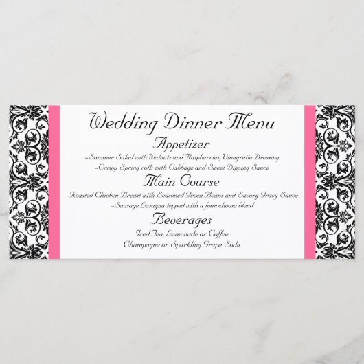 Horiz.Victoriaans Fuchsia Roze en Witte Damast Men Menu (Voorkant)