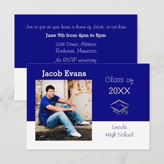 Horizontaal blauw met foto-3x5Afstuderen Aankondig Kaart (Voorkant / Achterkant)
