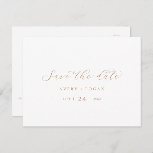 Horizontaal Elegant Gold Script Save the Date Uitnodiging Briefkaart (Voorkant / Achterkant)