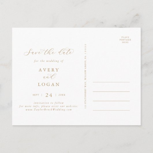Horizontaal Elegant Gold Script Save the Date Uitnodiging Briefkaart (Achterkant)