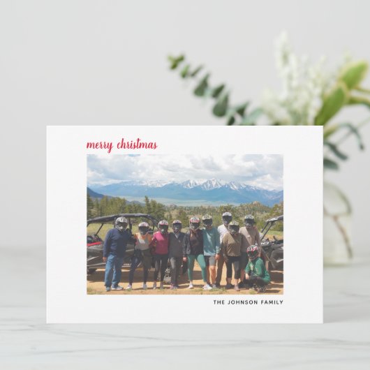 Horizontaal foto Merry kerstscript rode vlek Feestdagenkaart (Staand voorkant)