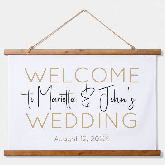 Horizontaal witgoud elegant bruiloft Welkomstteken Hangend Wandkleed (Voorkant)
