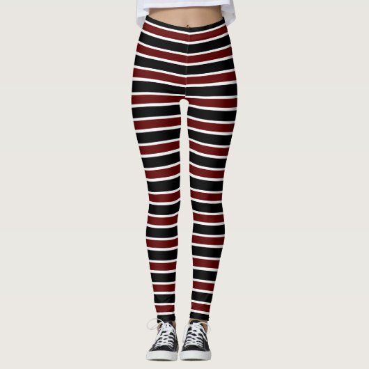 Horizontaal zwart maroon White Stripe Pattern Leggings (Voorkant)