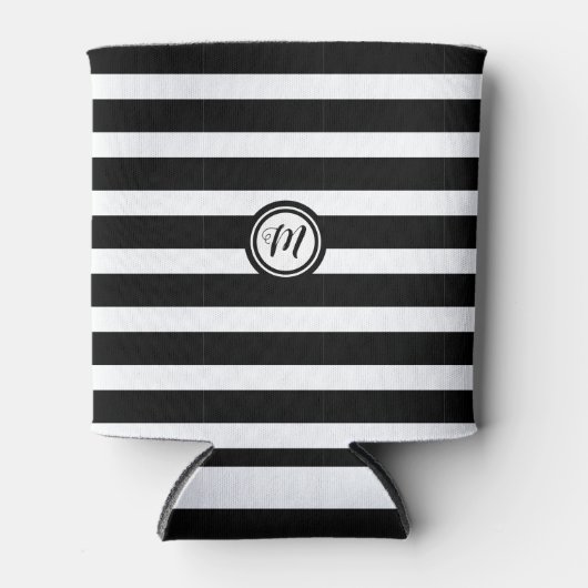 Horizontaal zwart-wit Striped Monogram Blikjeskoeler (Voorkant)