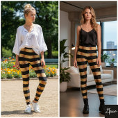 Horizontal Stripe Black Gold Metallic Glossy Leggings