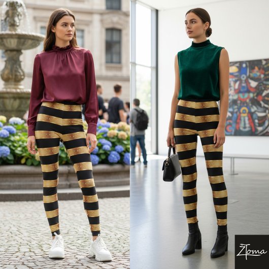 Horizontal Stripe Black Gold Metallic Glossy Leggings