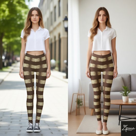 Horizontal Stripe Brown Champagne Metallic Glossy Leggings