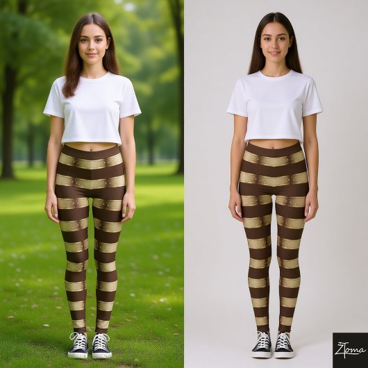 Horizontal Stripe Brown Champagne Metallic Glossy Leggings