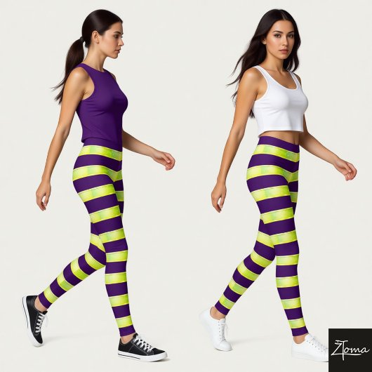 Horizontal Stripe Purple Yellow Neon Glossy Leggings