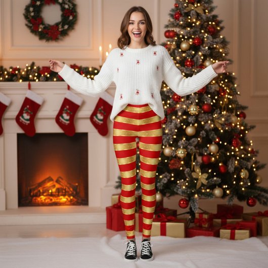 Horizontal Stripe Red Gold Metallic Glossy Leggings