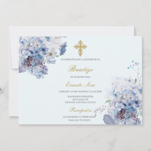 Horizontale blauwe bloem Doop Spaans Kaart (Voorkant)