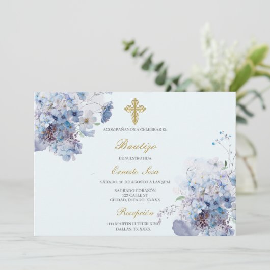 Horizontale blauwe bloem Doop Spaans Kaart (Staand voorkant)