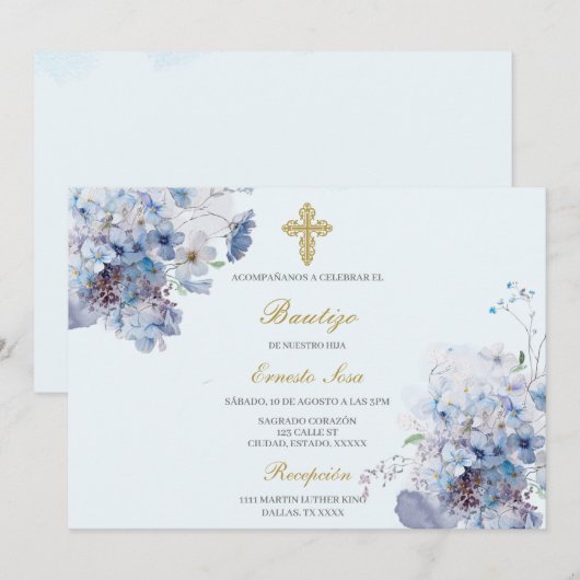 Horizontale blauwe bloem Doop Spaans Kaart (Voorkant / Achterkant)