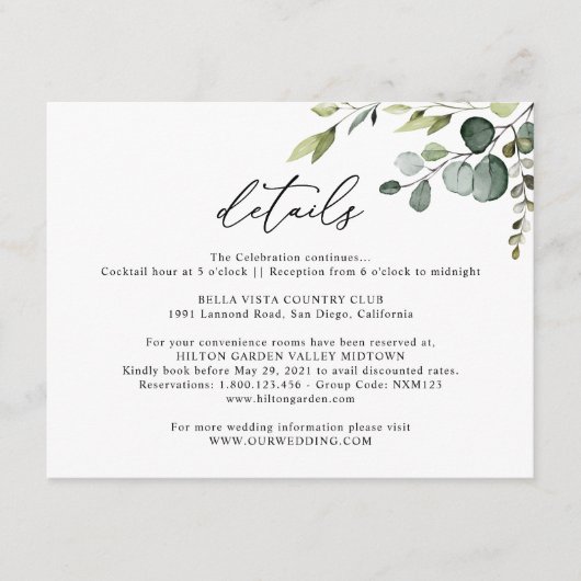 Horizontale details Eucalyptus Greenery Wedding Informatiekaartje (Voorkant)