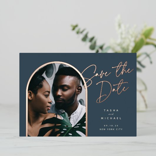 Horizontale Folieboog | Foto Save The Date Folie Uitnodiging (Staand Voorkant)