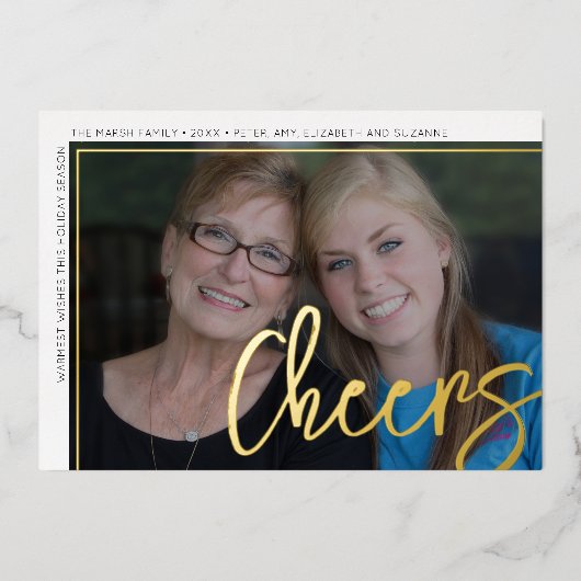 Horizontale foto Blauwe Chevrons Huge Script Cheer Folie Feestdagenkaart (Voorkant)