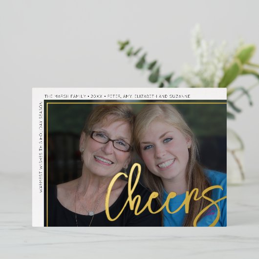 Horizontale foto Blauwe Chevrons Huge Script Cheer Folie Feestdagenkaart (Staand Voorkant)