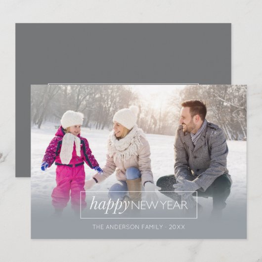 Horizontale Foto Gelukkig Nieuwjaar Modern Grijs Feestdagenkaart (Voorkant / Achterkant)
